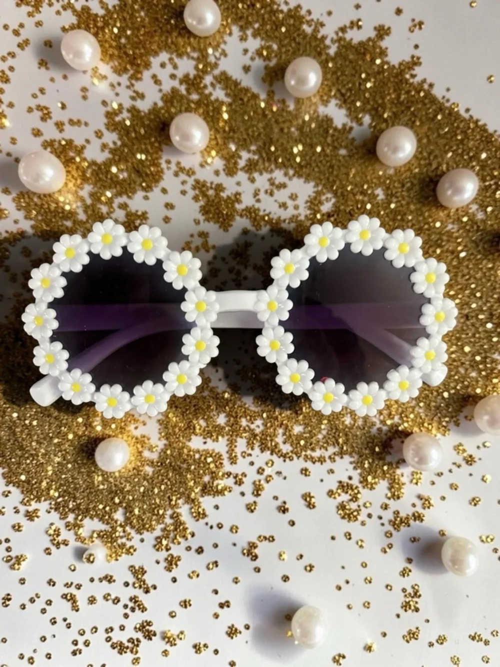 Kids Daisy Frame Sunglasses - White Floral With glitter white Hair Bows Set